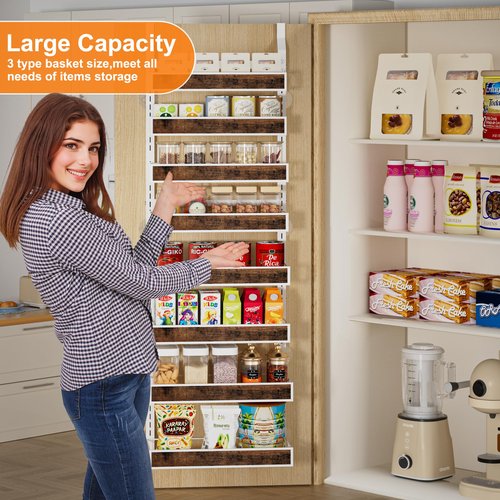 Clothink 8 Tier Over The Door Pantry Orangizer 2 IN 1 Wall Mounted or Hanging Spice Rack with Adjustable Wood Basket,Heavy Duty Seasoning Storage Shelf for Kitchen Pantry and Bathroom