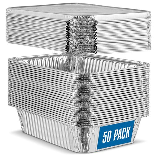 PLASTICPRO 50 Pack Aluminum Pans 6.5'' X 9" Disposable Pans with Covers Heavy Duty 2.25 lb Foil Pans for Baking and Cooking