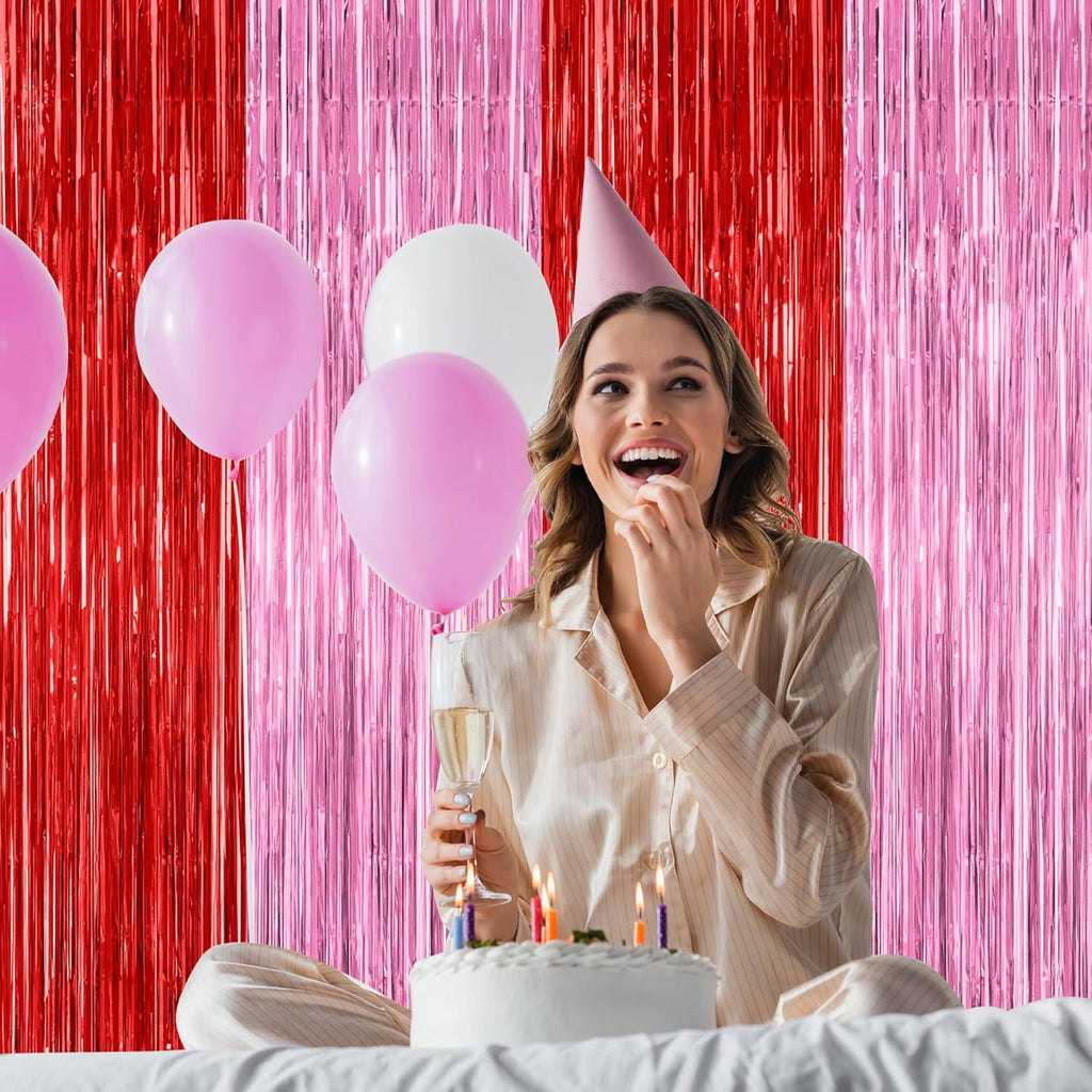 Regine Switzerland Red Pink Backdrop Curtains - 2 Pack Metallic Fringe Tinsel Decor | 3.28' x 7.05'