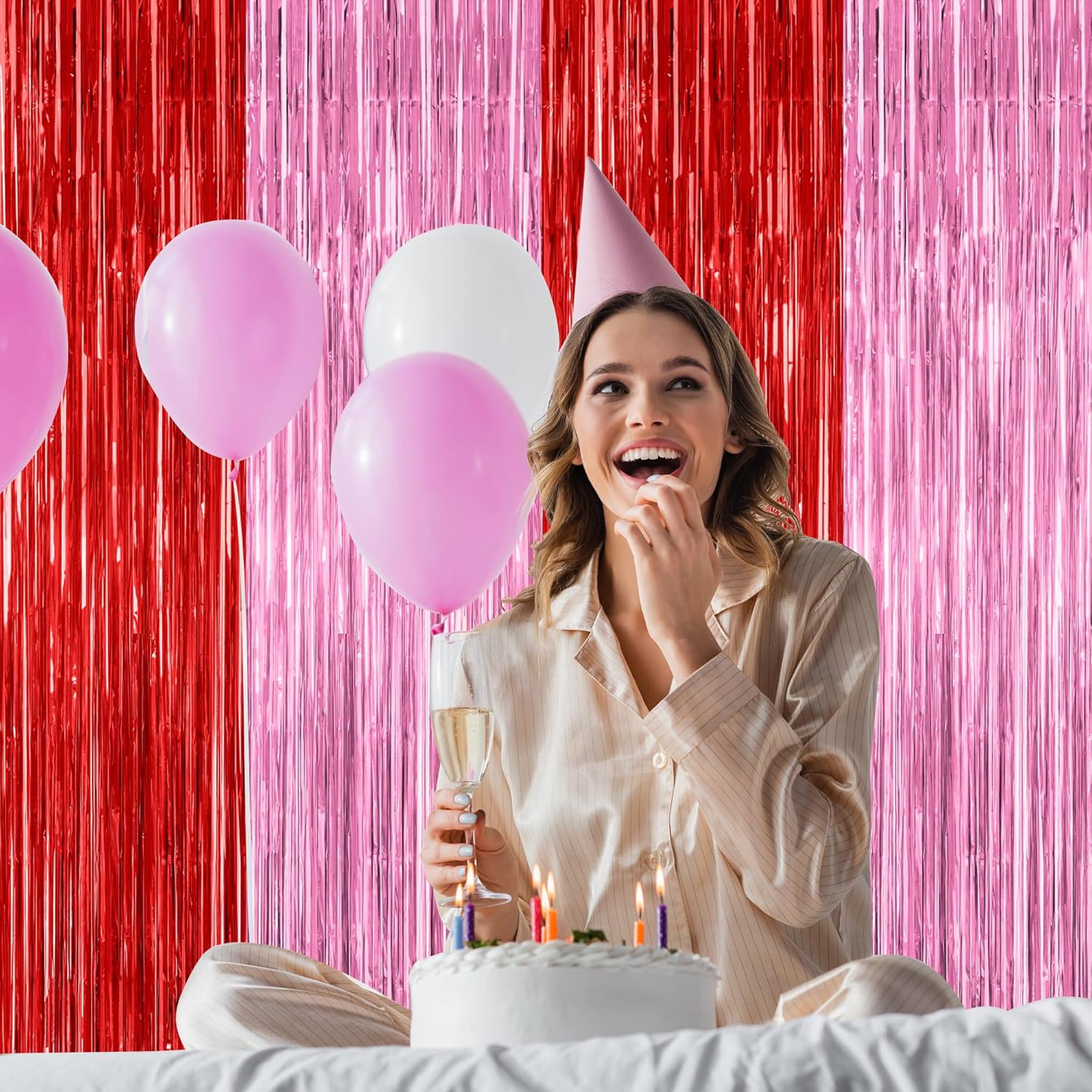 Regine Switzerland Red Pink Backdrop Curtains - 2 Pack Metallic Fringe Tinsel Decor | 3.28' x 7.05'