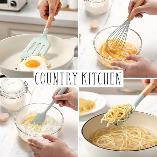 Country Kitchen Non-Stick Silicone Utensil Set - 38-Piece Cooking & Baking Tools in Mint