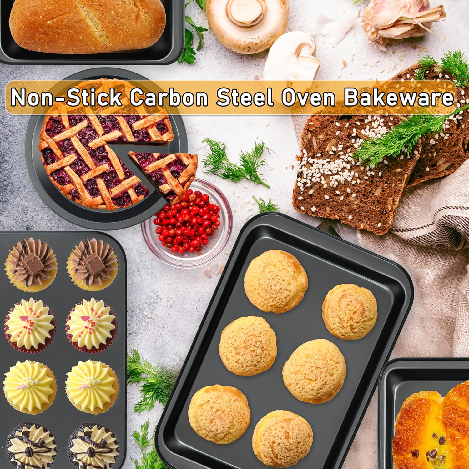 Mobzio Kitchen Nonstick Bakeware Set - 5-Piece Round & Square Cake Pans, Muffin Pan, Loaf Pan & Baking Sheets