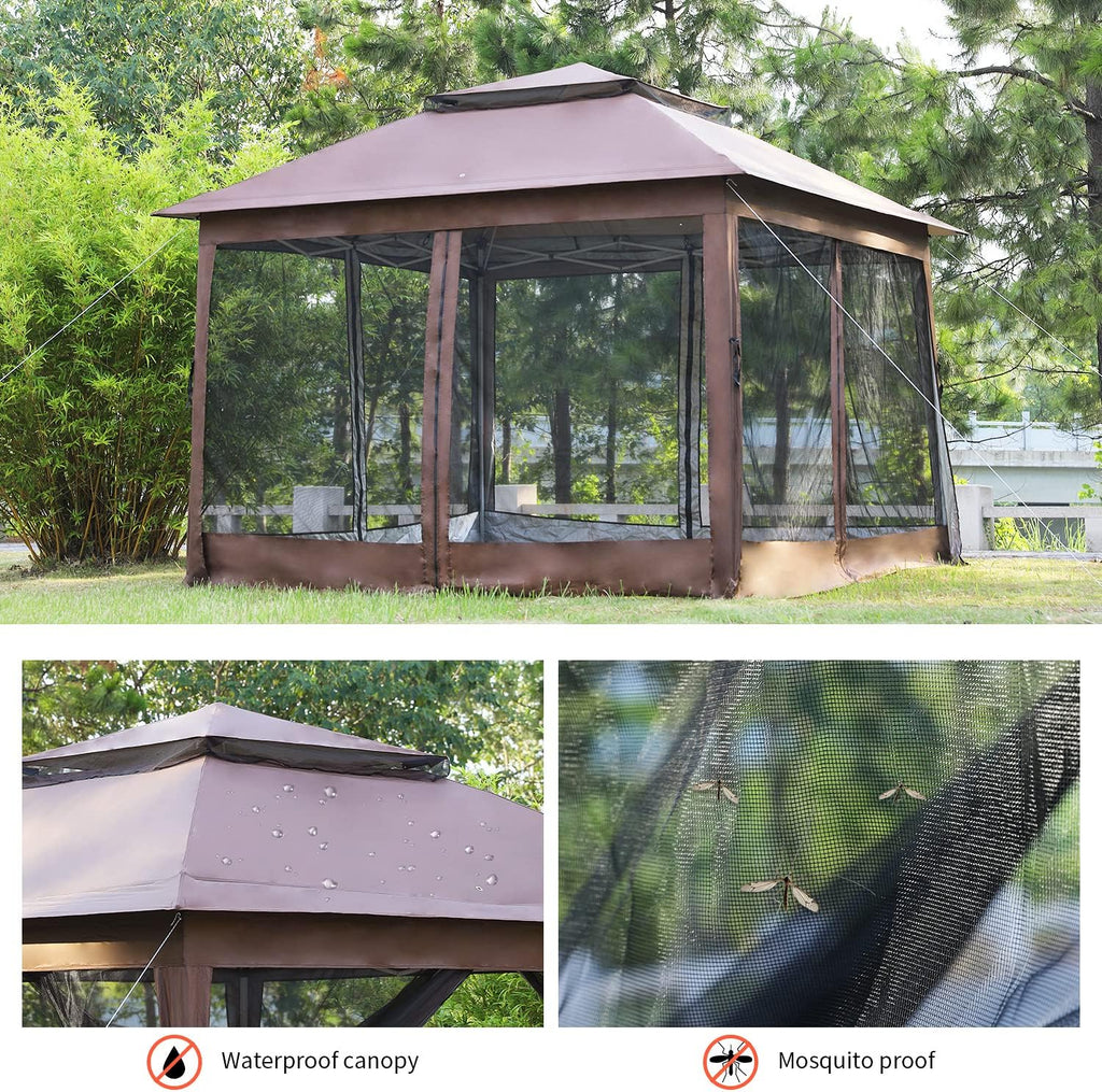 Skiennix 10'x10' Pop-Up Gazebo - Outdoor Patio Canopy with Mosquito Netting & Double Roof, Brown
