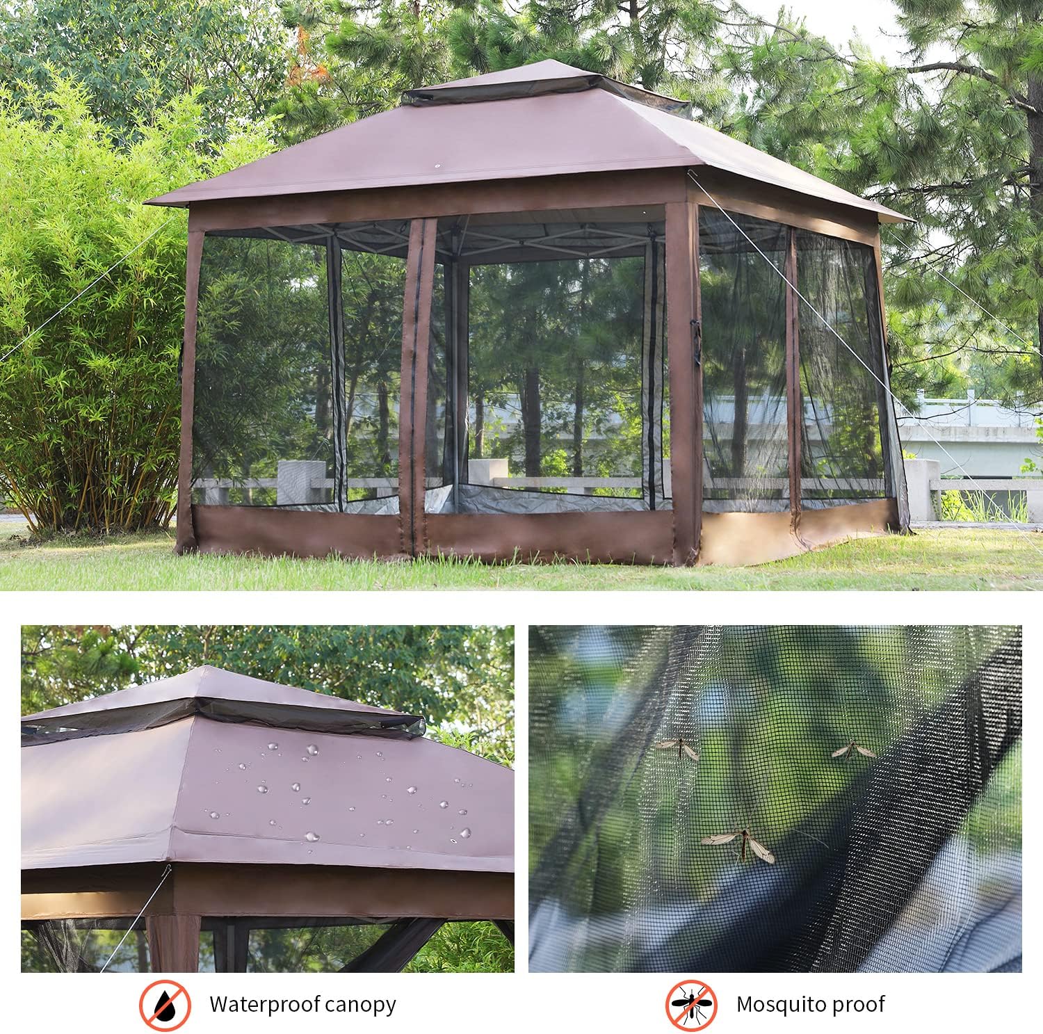 Skiennix 10'x10' Pop-Up Gazebo - Outdoor Patio Canopy with Mosquito Netting & Double Roof, Brown