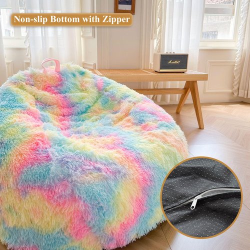 XeGe Faux Fur Comfy Bean Bag Cover(No Filler) for Living Room, Tie Dye Fluffy Stuffed Animal Storage Bean Bag Chair Cover, Furry Fuzzy Bean Bag Cover for Adults Teens Kids Girls, Anti-Slip, Rainbow