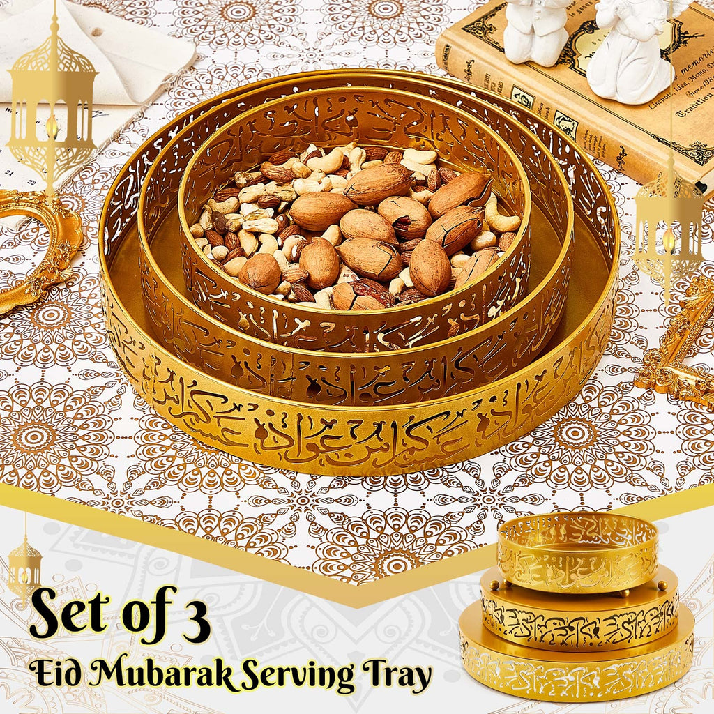 Ramadan Serving Trays - 3 Pieces Iron Gold Round Platter, 3 Sizes Eid Candy Dish, Muslim Pastry Snacks Dessert Holder for Ramadan Mubarak Party Supplies Home Decor
