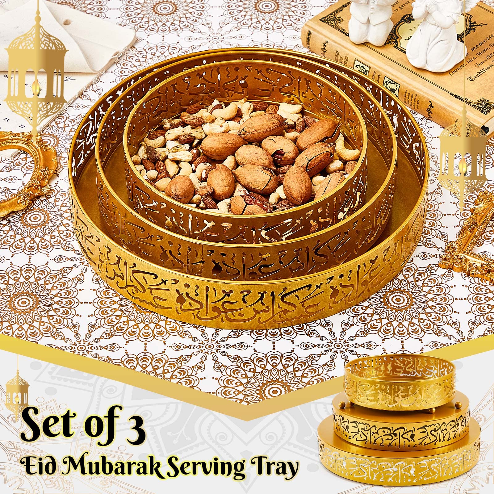 Ramadan Serving Trays - 3 Pieces Iron Gold Round Platter, 3 Sizes Eid Candy Dish, Muslim Pastry Snacks Dessert Holder for Ramadan Mubarak Party Supplies Home Decor
