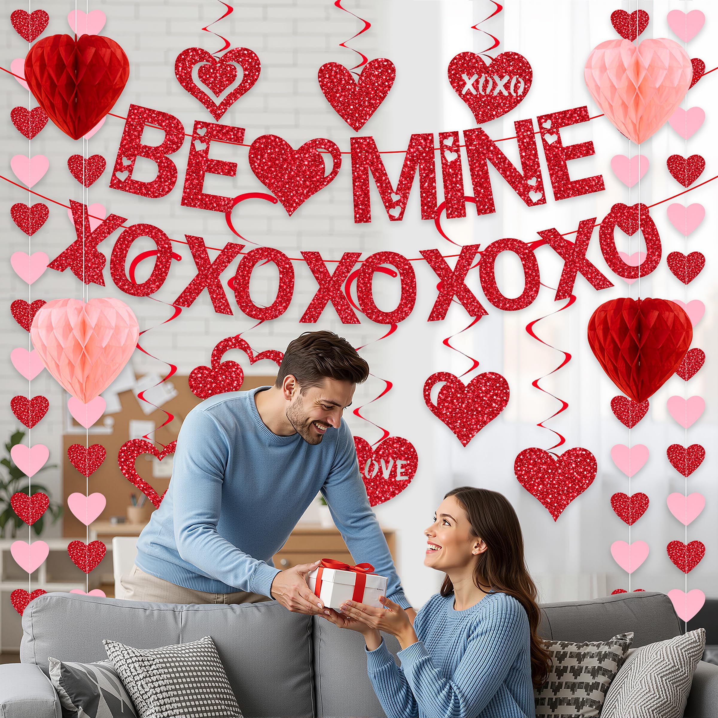 Pre-Strung Valentines Day Decorations, Red BE Mine XO Valentine's Banner,Heart Garlands & Hanging Swirls & Heart Honeycomb for Party Supplies, Valentines Decor Home Anniversary Wedding Bedroom