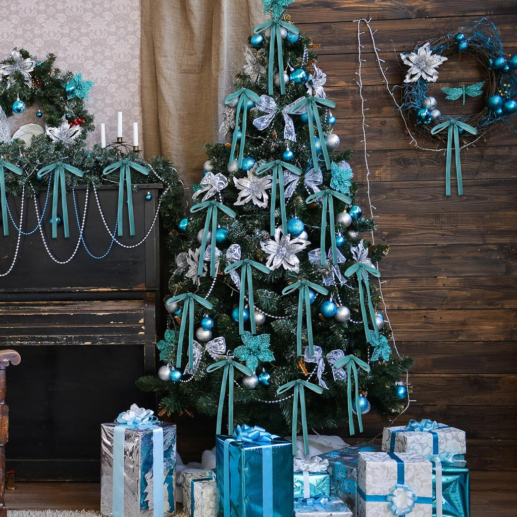 Skiennix Velvet Bows - 24 Pcs Vintage Ribbon for Christmas Tree & Crafts | Turquoise 5x7 Inch