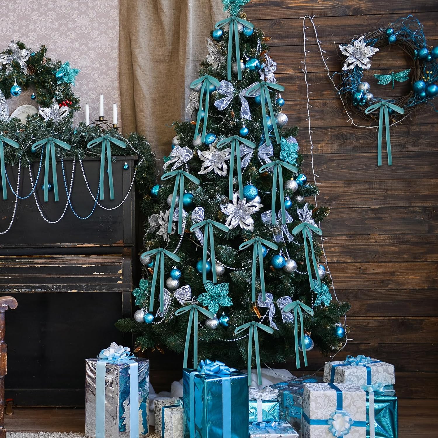 Skiennix Velvet Bows - 24 Pcs Vintage Ribbon for Christmas Tree & Crafts | Turquoise 5x7 Inch
