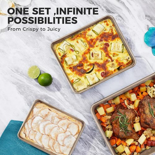 HONGBAKE Nonstick Deep Baking Pans Set - Rectangle Sheet Cake Trays for Brownies & Lasagna | 13/11/9 Inch