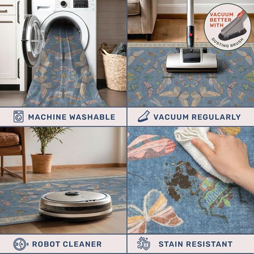 Blue Washable Kids Playroom Rug - Super Soft 5x7 Area Rug with Cute Animal Print for Nursery & Toddler Room