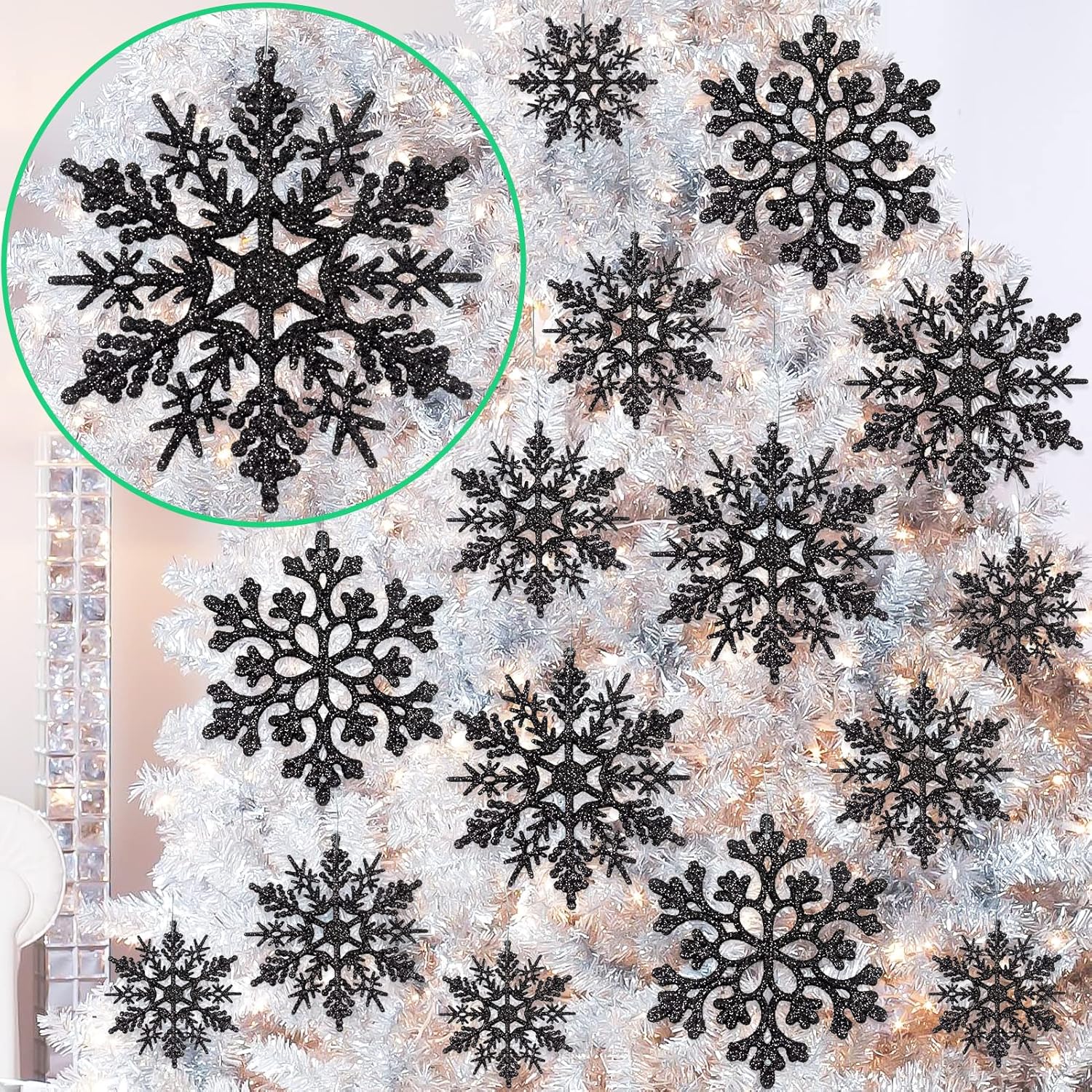 Skiennix 36-Piece Black Christmas Snowflake Ornaments - Glittery Plastic Decor for Holiday Trees & Parties