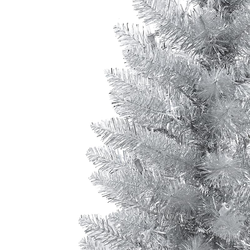 7 ft Pre-Lit Silver Tinsel Artificial Tree with 316 Tips and 150 Clear Lights - Variation: 7' Silver Tinsel 150 Clear Lights