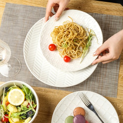 Sureasy Ceramic Dinnerware Set for 4-16 Pieces Embossed Plates and Bowls Sets, Scratch Resistant Dish Set, Microwave, Oven & Dishwasher Safe, White