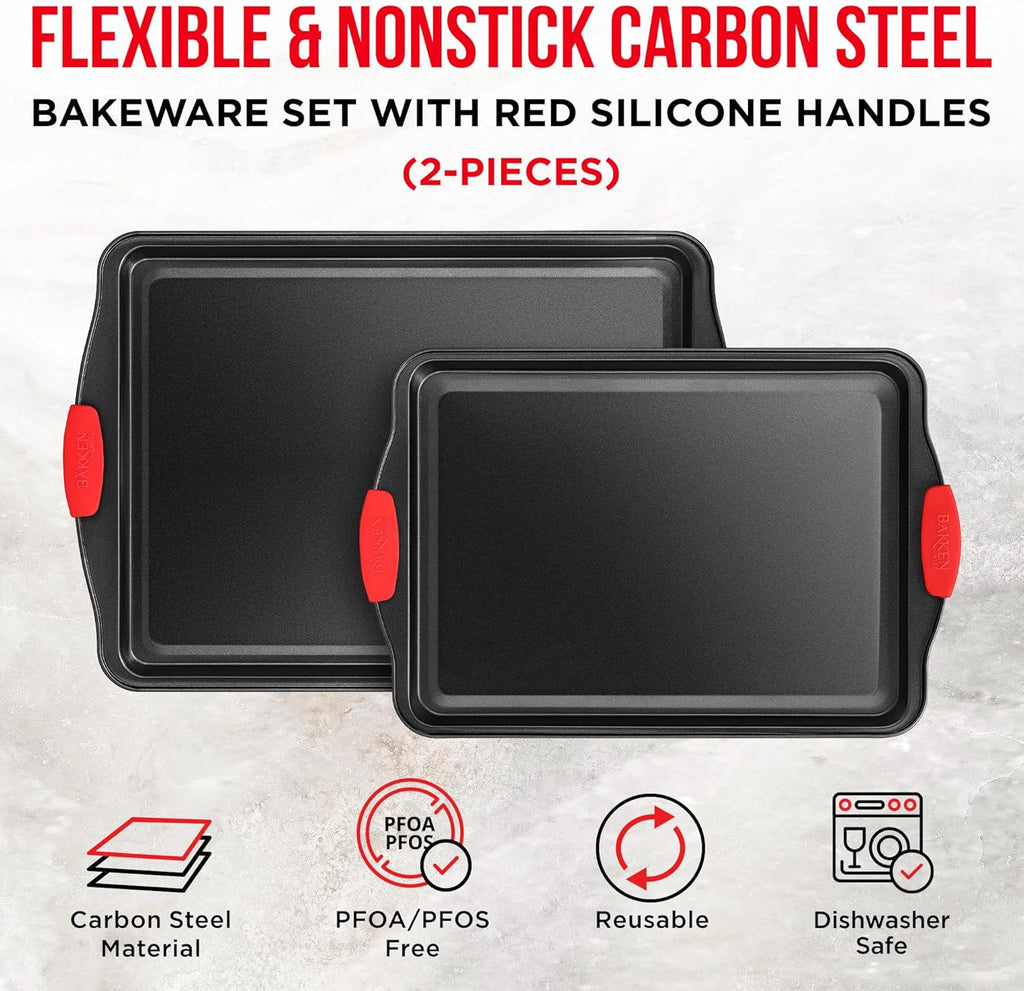 Skiennix Nonstick Carbon Steel Bakeware Set - Professional Quality Kitchen Trays | PFOA-Free, Red Silicone Handles