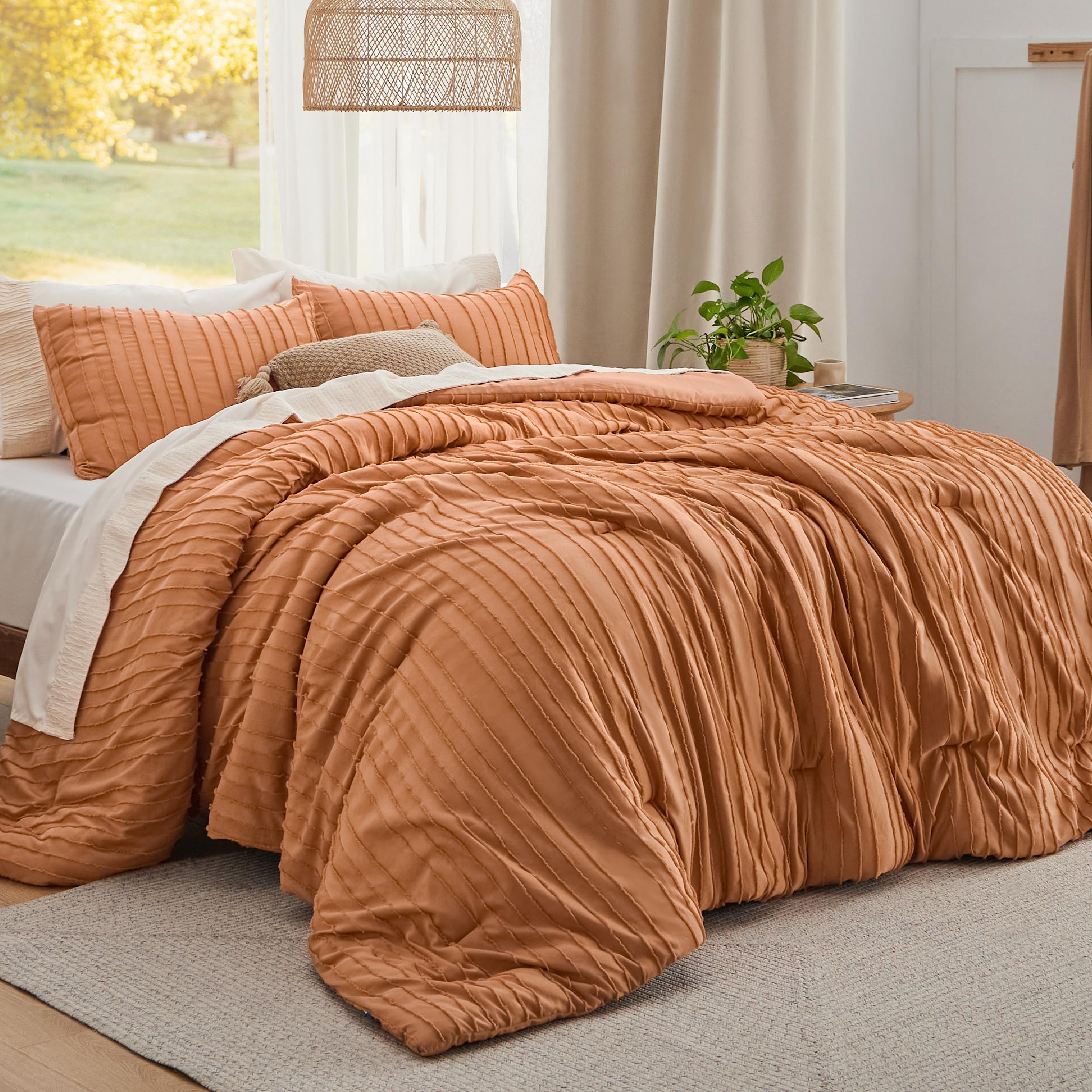 Bedsure Boho Comforter Set Queen - Pumpkin Tufted Bedding Comforter Set, 3 Pieces Farmhouse-Style Distressed Vintage Embroidery Bed Set, Striped Pattern Comforter for All Seasons