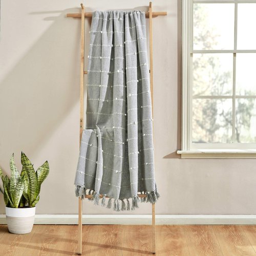 Lush Decor Boho Tufted Cotton Woven Tassel Fringe Throw Blanket Single 50" W x 60" L Light Gray - Gray Throw Blankets for Bed - Boho Couch Blankets