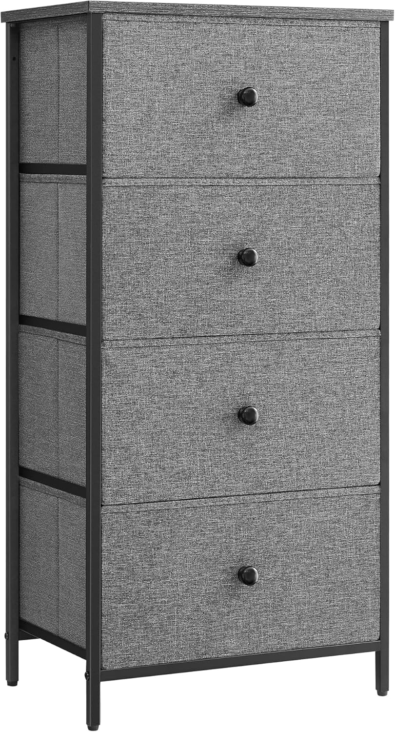 SONGMICS Fabric Dresser - 4 Drawer Small Chest with Metal Frame | Gray and Black Wood Grain Finish