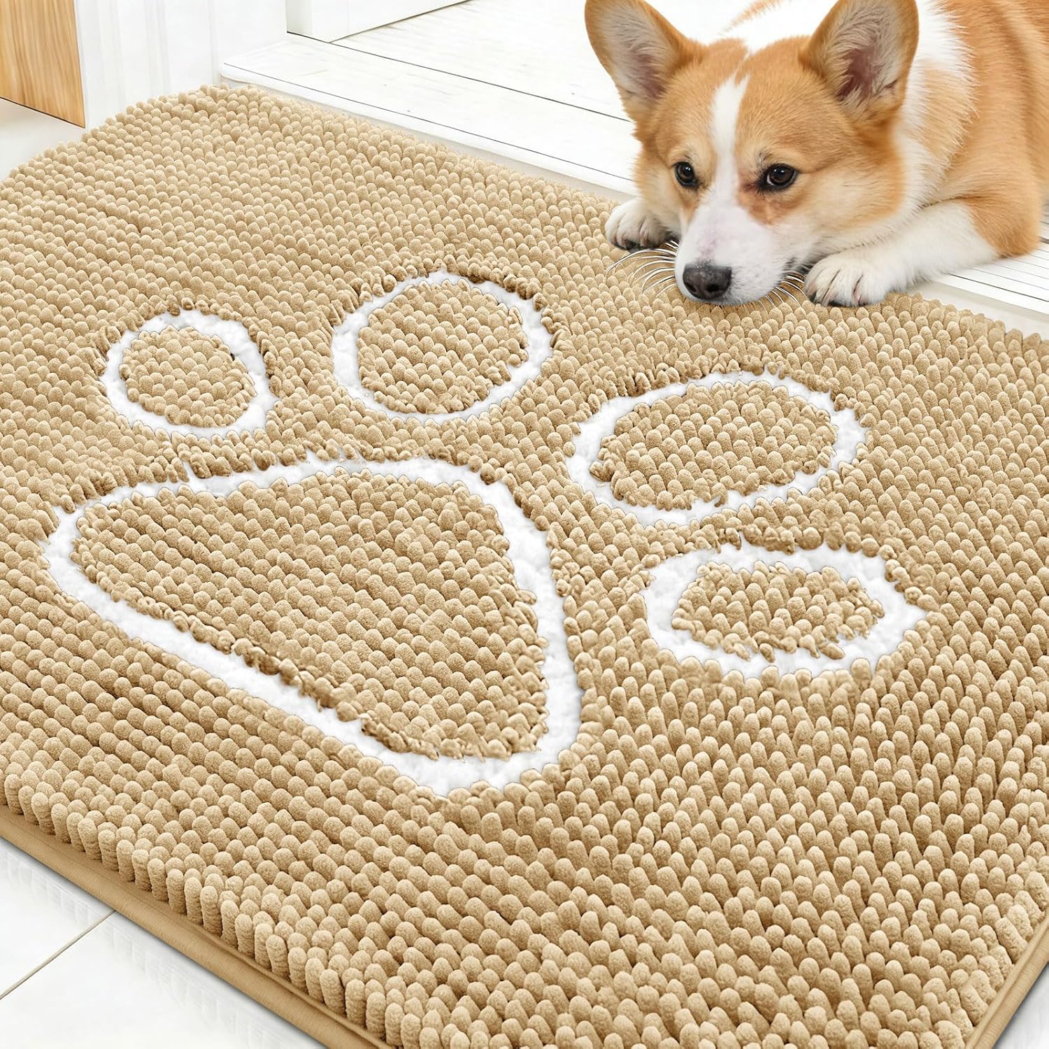 OLANLY Dog Door Mat - Absorbent Non-Slip Mud Mat for Paws | Quick Dry Chenille, 30x20, Beige