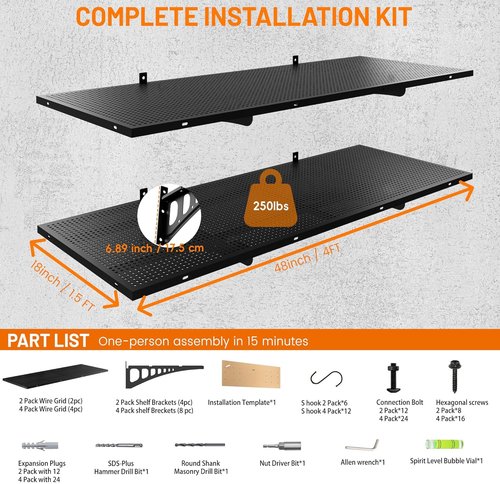Heavy Duty Garage Shelving by [Brand Name] - 2-Pack 1.5x4ft Wall-Mounted Metal Racks with Install Kit & Hooks, Black