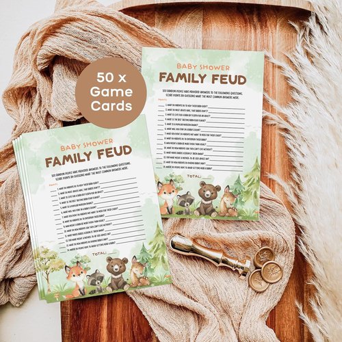 50 Baby Shower Family Feud Game Cards, Woodland Baby Shower Games Activity for Girl or Boy, Gender Neutral, Woodland Theme