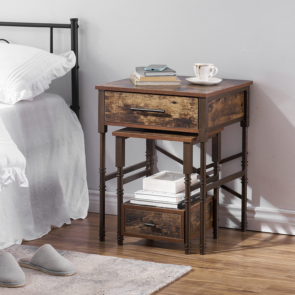 VECELO Vintage Nightstand Set of 2, End/Side Table with Storage Drawer, Stable Frame, BrownG