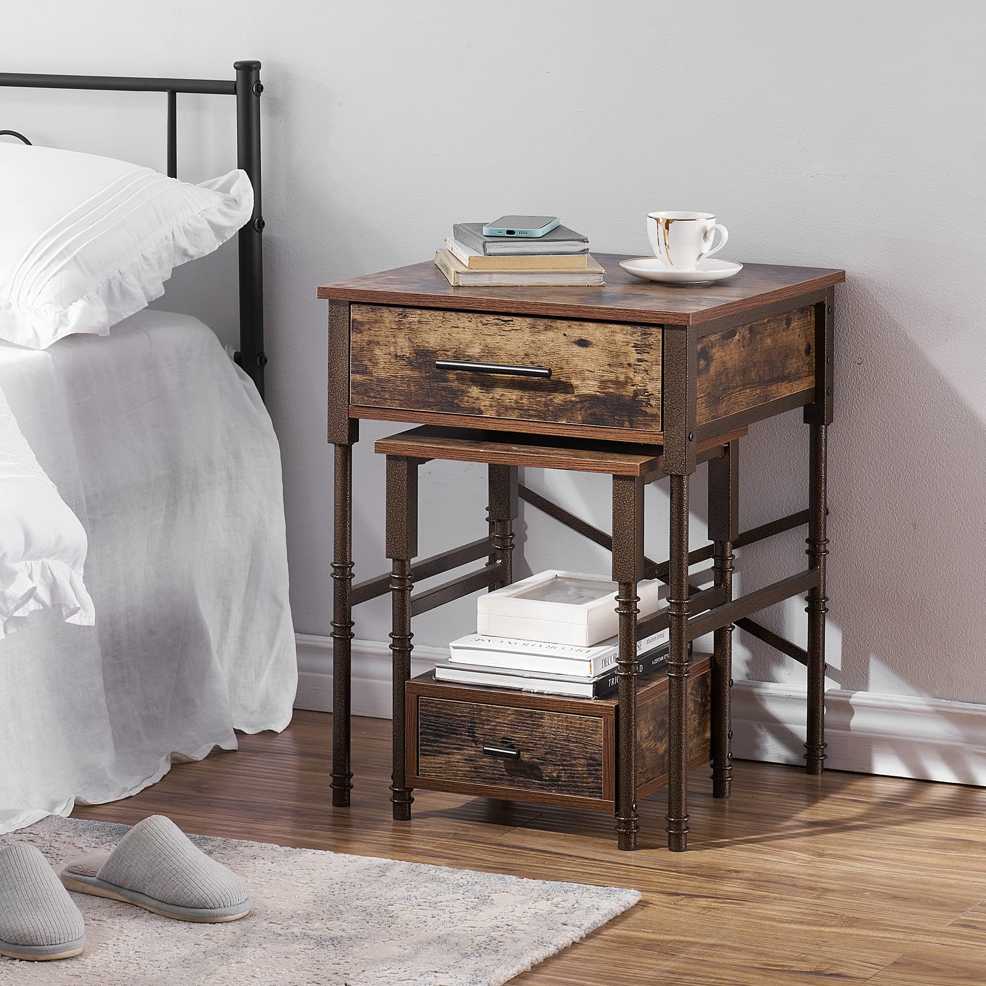 VECELO Vintage Nightstand Set of 2, End/Side Table with Storage Drawer, Stable Frame, BrownG