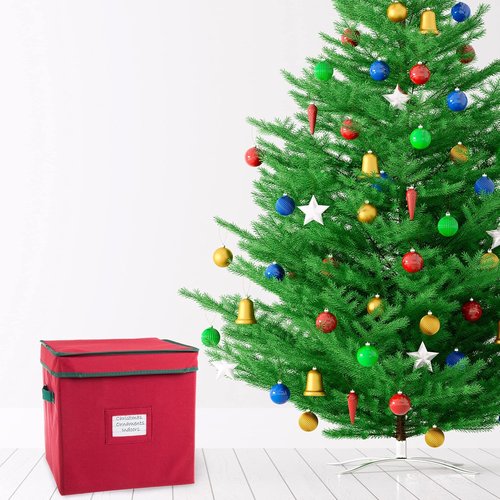 Elf Stor Christmas Decor Storage Box - Red Oxford Canvas Ornament Cube With 64 Compartment Dividers | Pack of 6