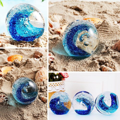 EUSTUMA Hand Blown Glass Figurine - Ocean Waves Paperweight | Unique Home Decor for Ocean Lovers