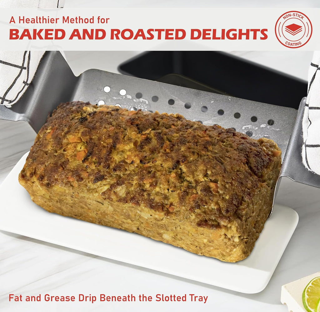PERLLI Nonstick Meat Loaf Pan with Drip Tray - 9.8 x 5.7 In. High-Carbon Steel, BPA-Free for Baking & Roasting