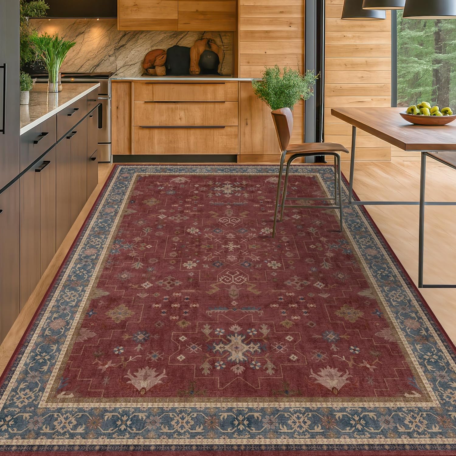 Regine Switzerland Vintage Burgundy Boho Dining Room Rug - Lightweight Washable 7x9 Soft Carpet
