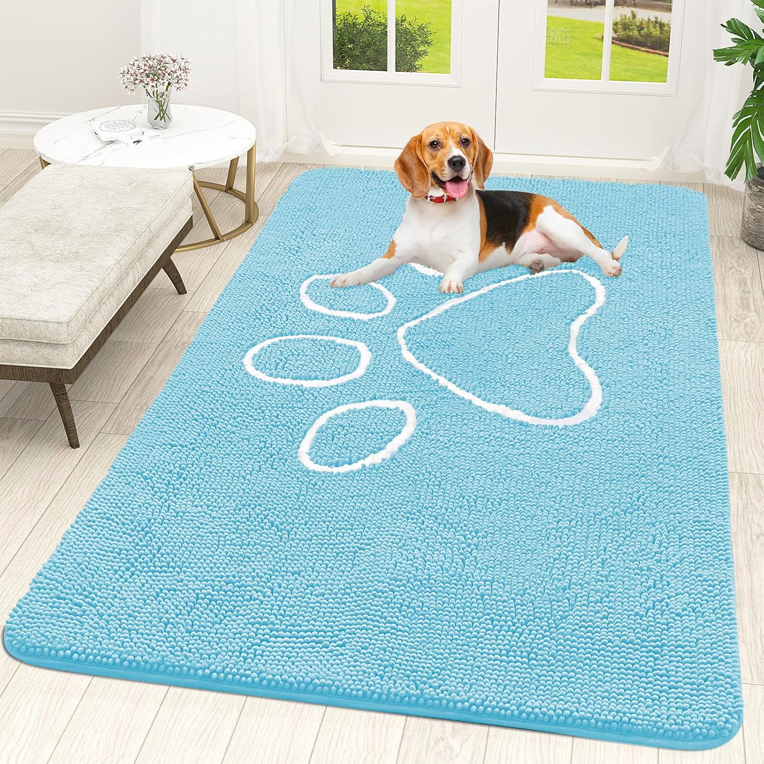 OLANLY Dog Door Mat - Absorbent Non-Slip Mud Mat for Paws | 59x35 Inches, Blue Chenille Design