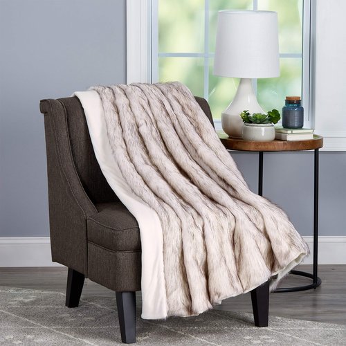 Faux Fur Throw - Luxurious, Soft, Hypoallergenic Premium Fashion Faux Wolf Fur Blanket with Faux Mink Back and Gift Box, 60”x70” by LHC (Pearl White)