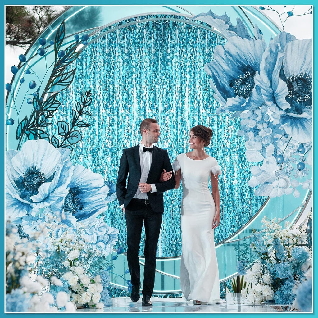 Skiennix Foil Fringe Backdrop - 10 Pieces Wavy Tinsel Curtain for New Year & Party Decor | Blue Green 3.3 x 6.6 Ft