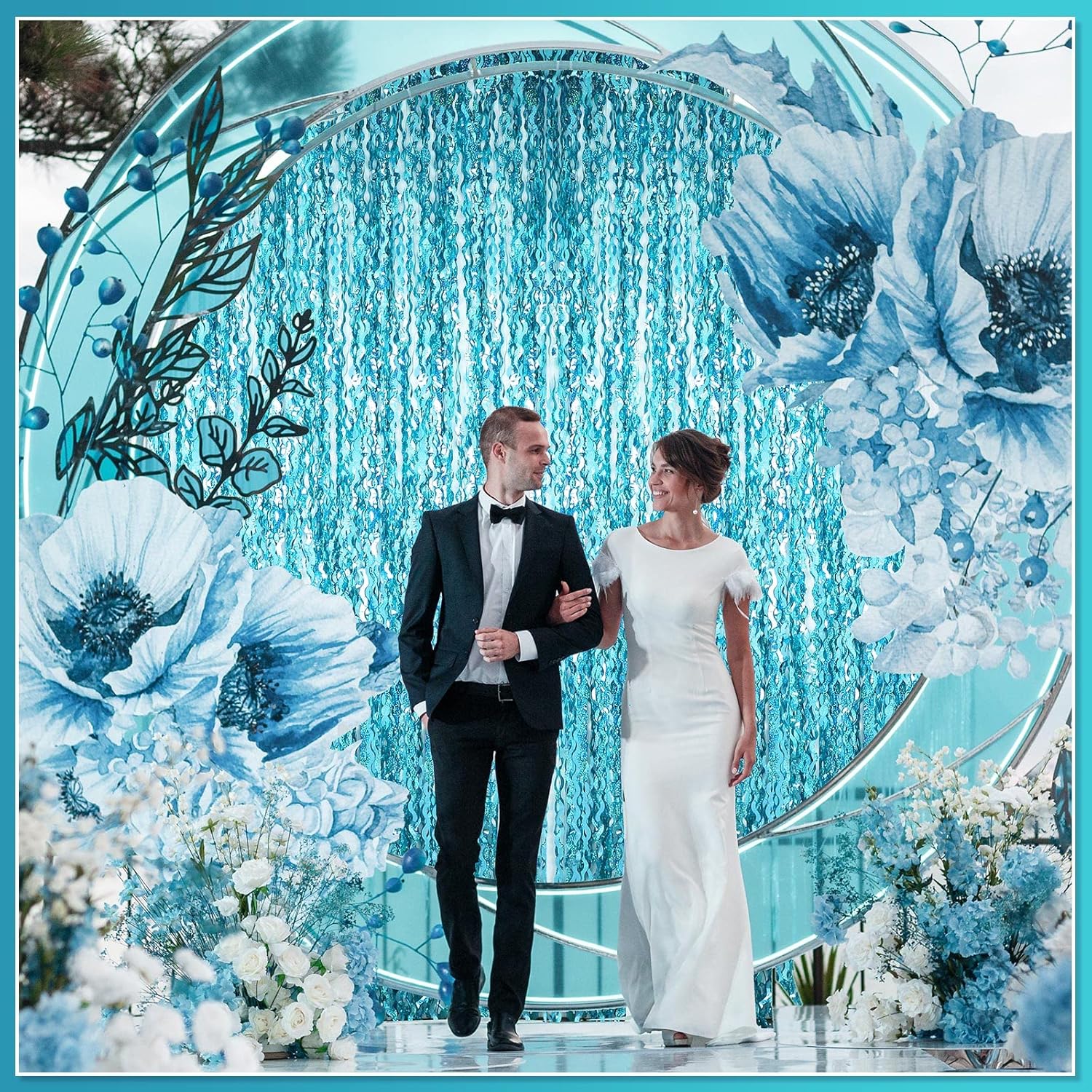 Skiennix Foil Fringe Backdrop - 10 Pieces Wavy Tinsel Curtain for New Year & Party Decor | Blue Green 3.3 x 6.6 Ft