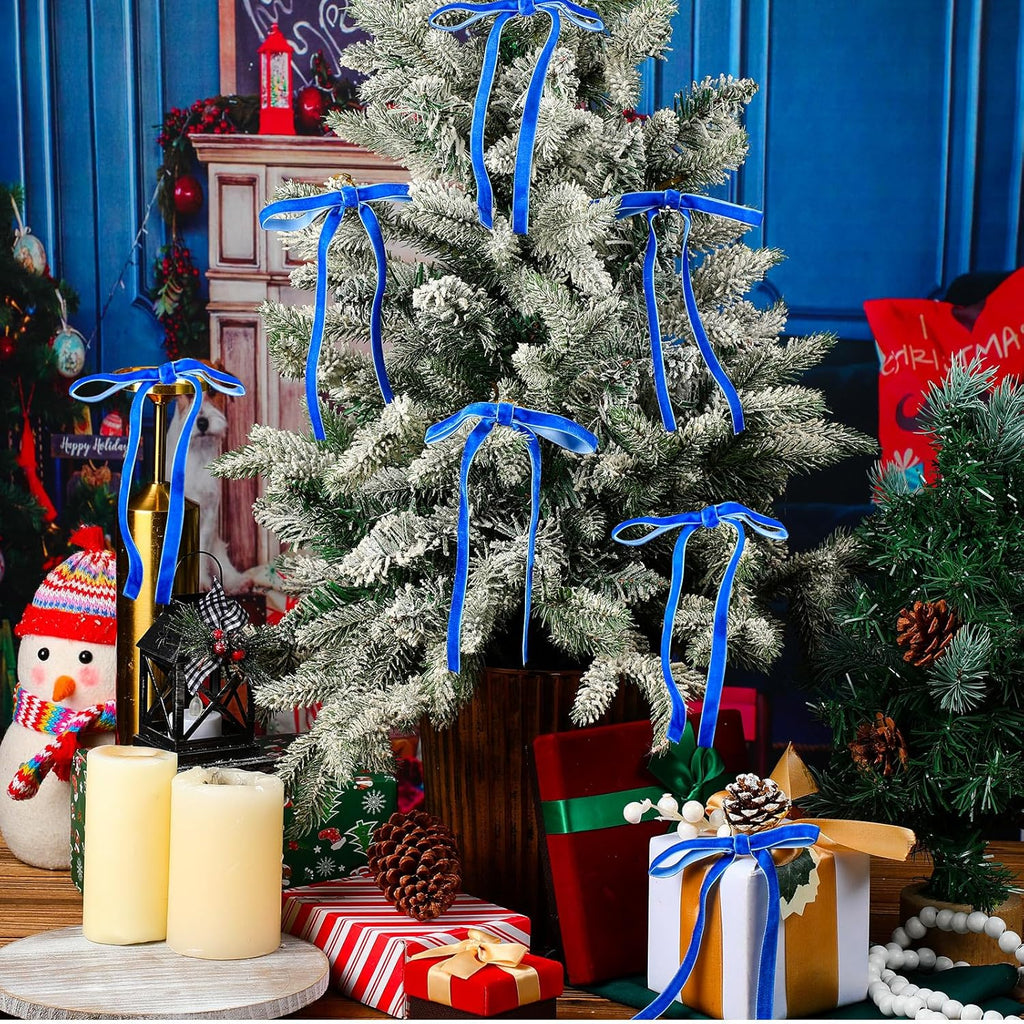 Royal Blue Velvet Bows - 24 Pcs Christmas Tree Ornaments | Valentine's Day Garland Decor (5 x 7 Inch)