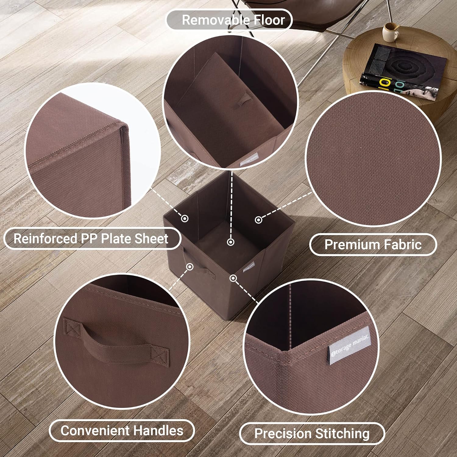 Storage Maniac Collapsible Storage Cubes - 11 Inch Fabric Bins with Handles | 6 Pack for Organized Spaces - Brown
