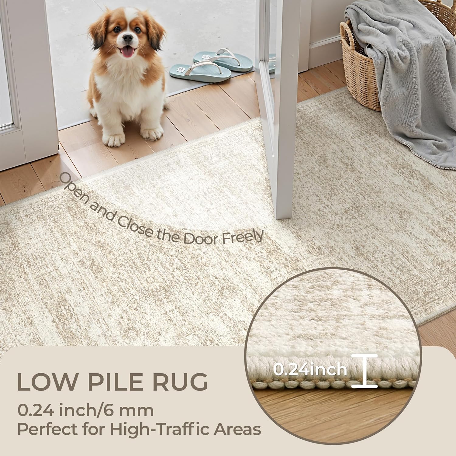 Skiennix Rug Runners for Hallways - Non-Slip 2x8 Runner Rug, Washable Soft Low-Pile Carpet in Beige/Ivory