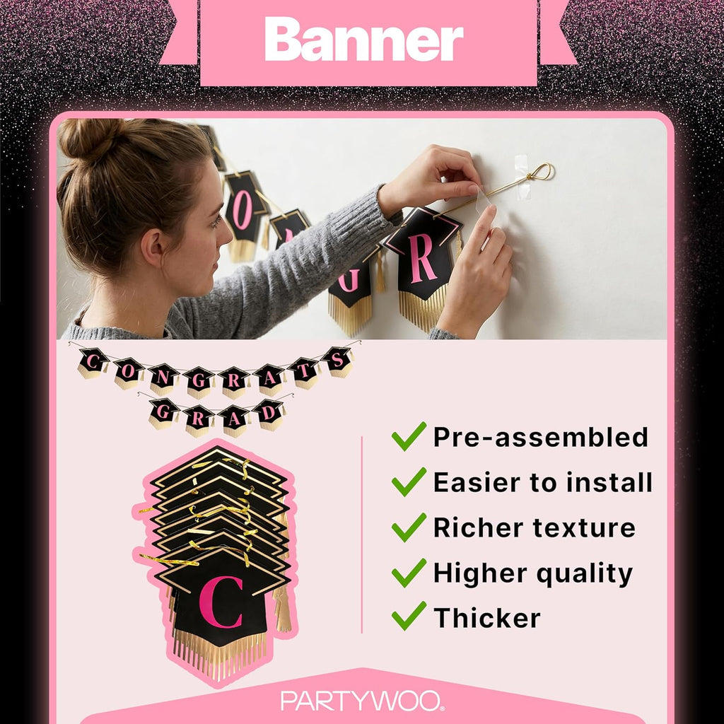 PartyWoo Graduation Decorations - Class of 2026 Black, Pink & Gold 40pcs Set with Backdrop & Balloons