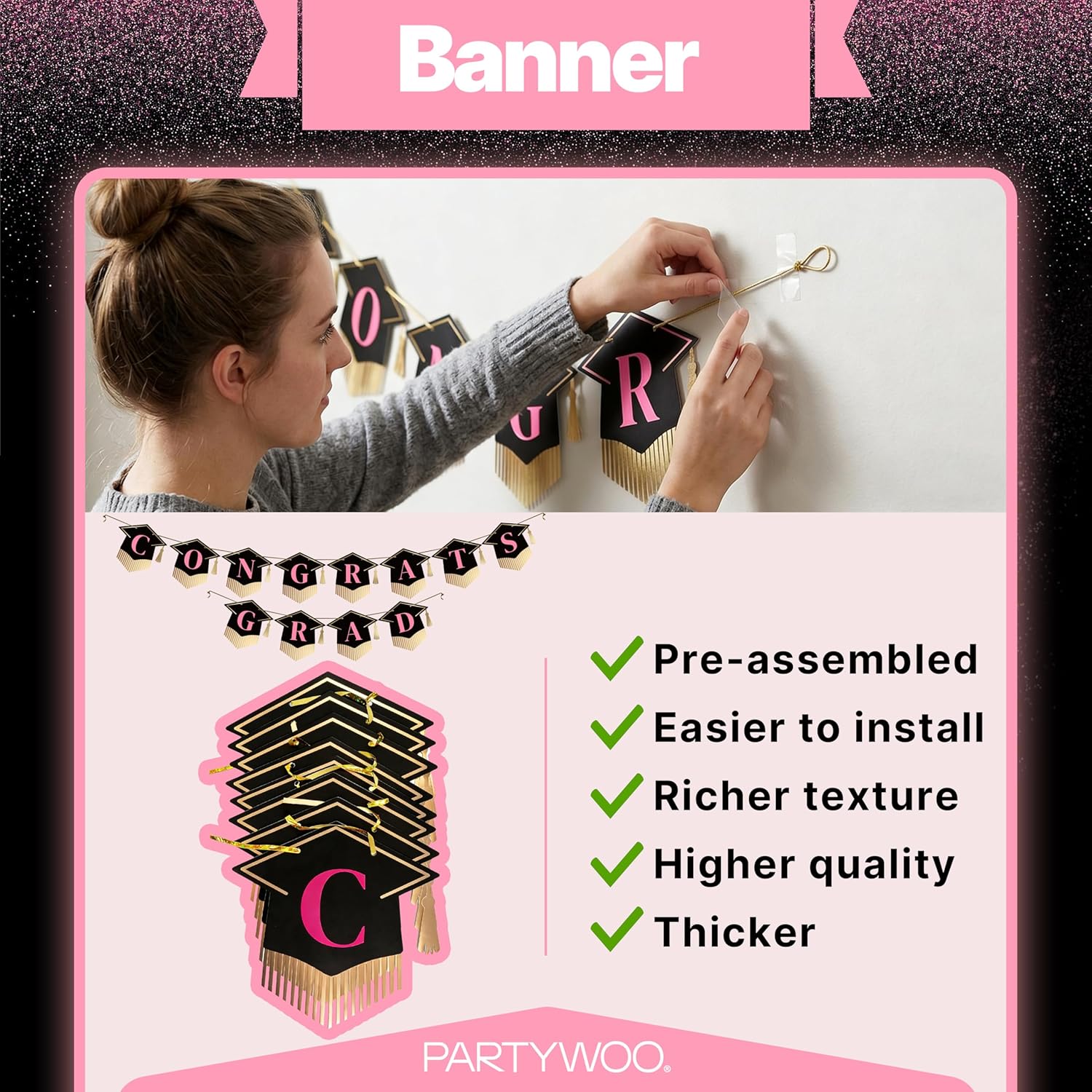 PartyWoo Graduation Decorations - Class of 2026 Black, Pink & Gold 40pcs Set with Backdrop & Balloons