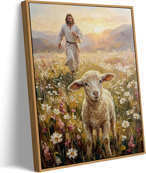 Framed Jesus and Lamb Canvas Wall Art - Inspiring Christian Decor for Bedroom or Prayer Room