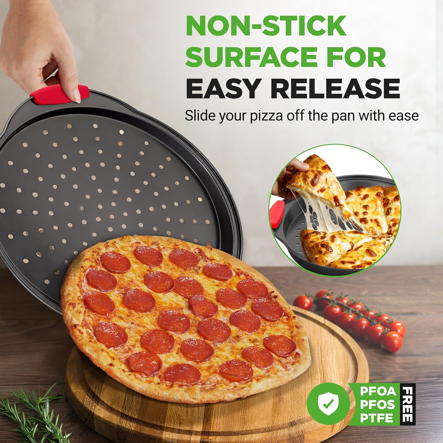 NutriChef 13-Inch Nonstick Pizza Tray | Round Carbon Steel Pan with Perforated Holes & Silicone Grip Handles