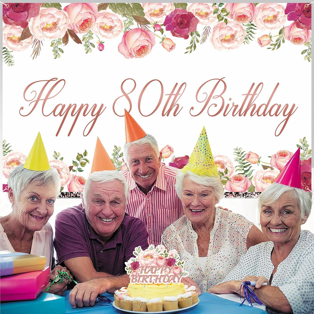 Vlipoeasn 80th Birthday Decorations - Rose Gold Backdrop Banner, Cake Topper & Honeycomb Swirls