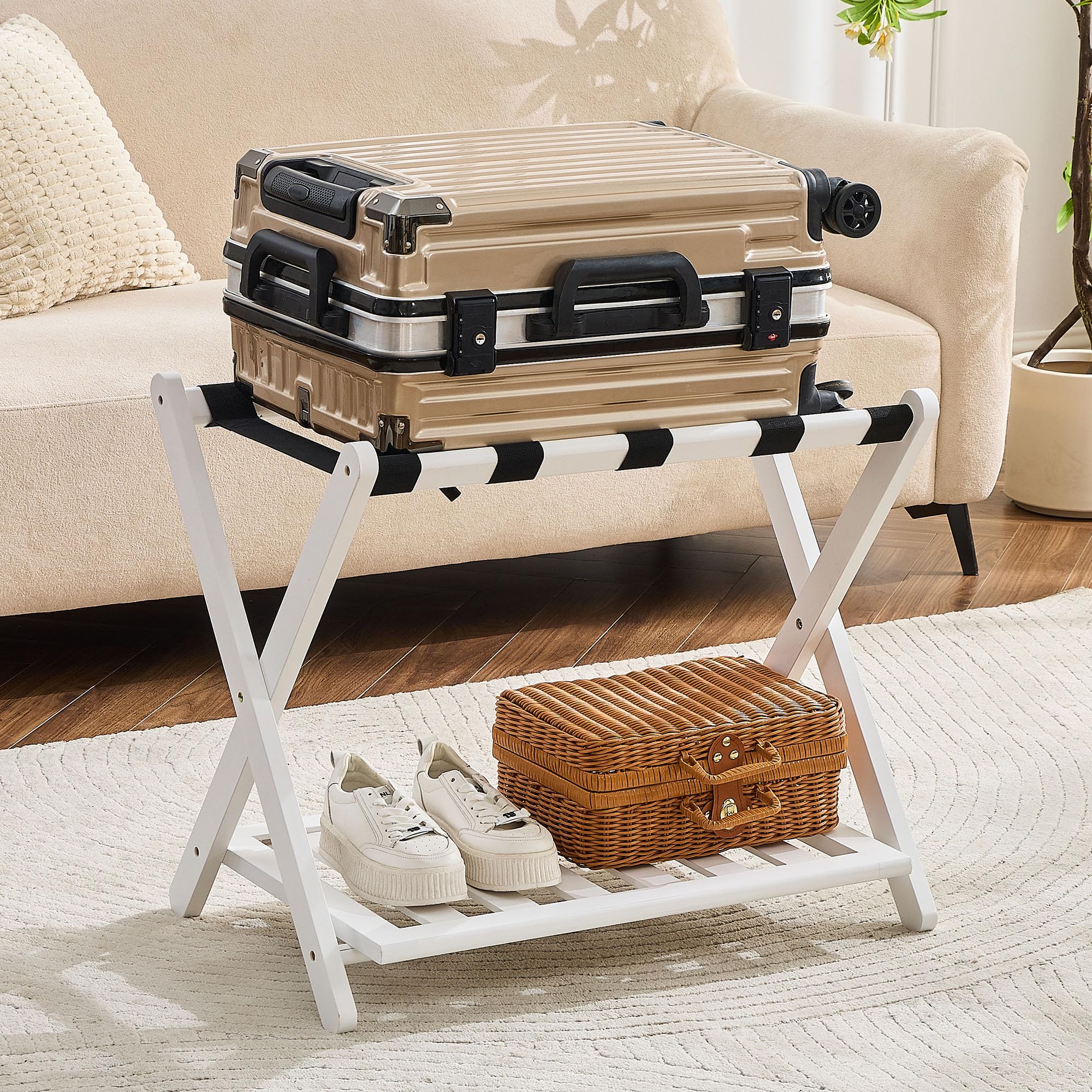 oakvivo Fully Assembled Luggage Racks Pack of 2, Upgraded Bamboo Foldable Suitcase Stand with 5 Nylon Straps, 26.77" Thickened Luggage Stand Holder with Shelf for Guest Room Bedroom Hotel, White