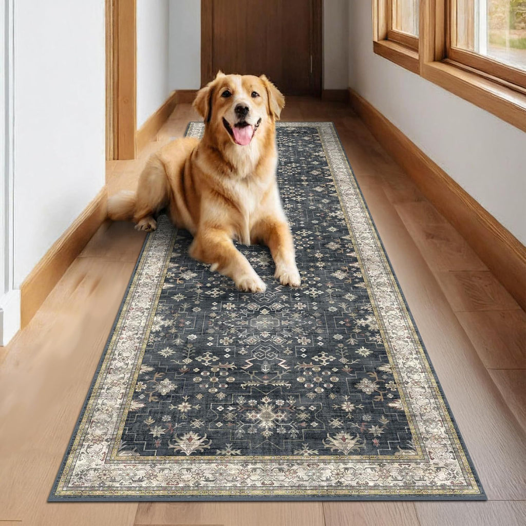 Skiennix Black Washable 10ft Long Runner Rug - Non-Slip Rubber Backing | Boho Vintage Style for Hallways & Kitchens