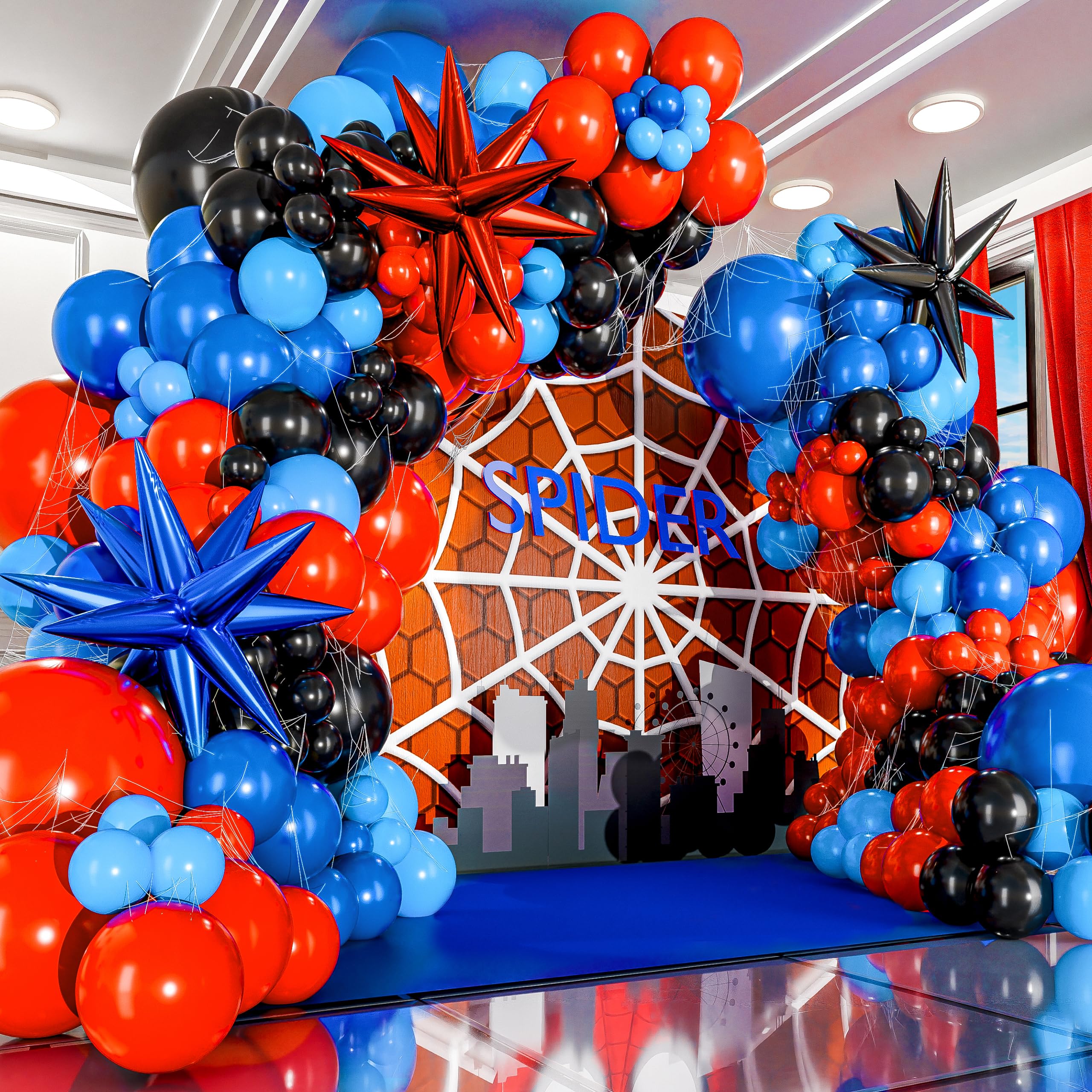 ALL-IN-1 Spider Balloon Arch Kit with BONUS Starburst for Spidy Birthday Decorations - Red Blue Spider Balloons for Spidy Man Party Decorations - Miles Birthday Decoration, Spidey Balloons