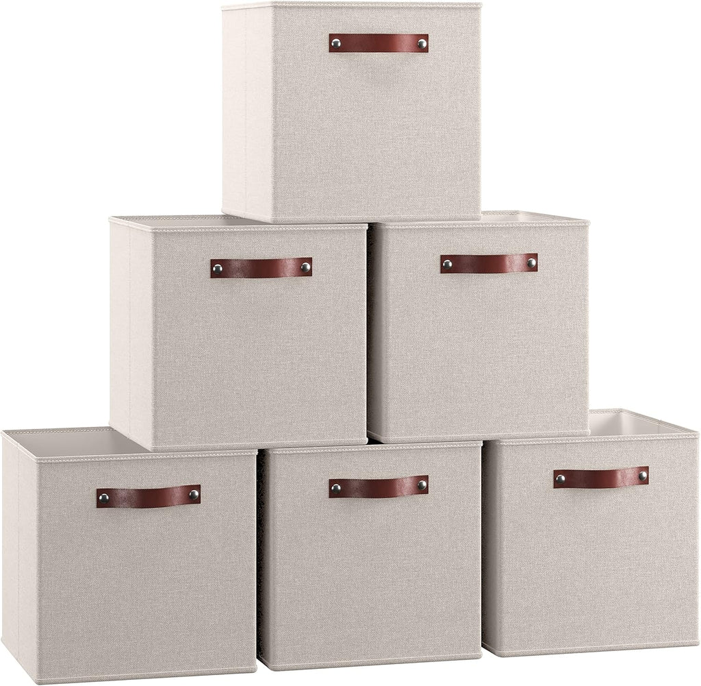 Ornavo Home Storage Cube Bins - Foldable Fabric Organizer with Leather Handles | 13x13, Beige, 6 Pack