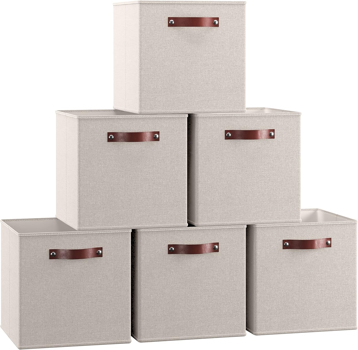 Ornavo Home Storage Cube Bins - Foldable Fabric Organizer with Leather Handles | 13x13, Beige, 6 Pack