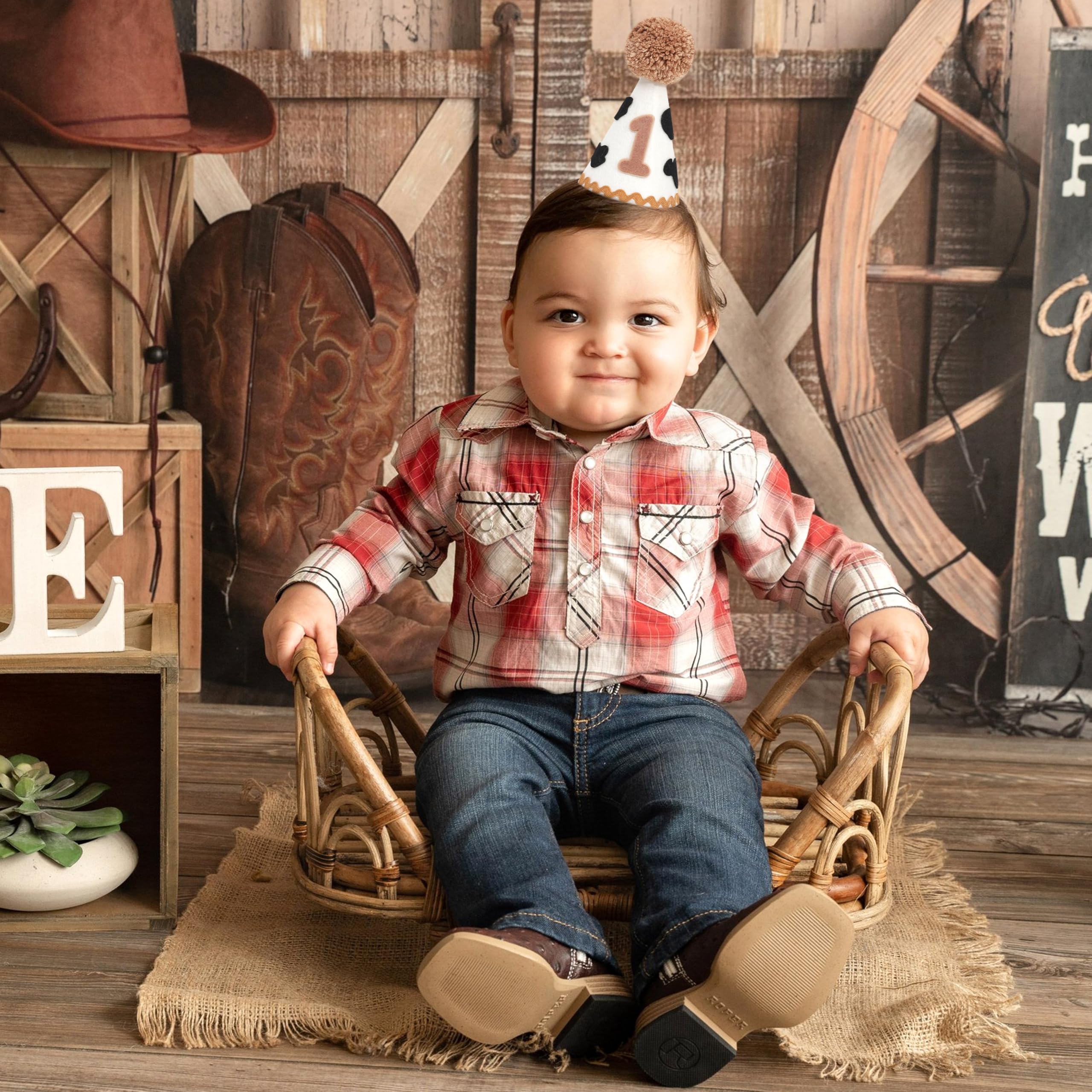 MAMUXI Cow Print 1st Birthday Hat - Cowboy One Birthday Decorations, My First Rodeo Party Cone Hat, Little Cowboy Smash Cake Photo Props, Western Farm Cow Party Cap (Cowboy Birthday Hat)
